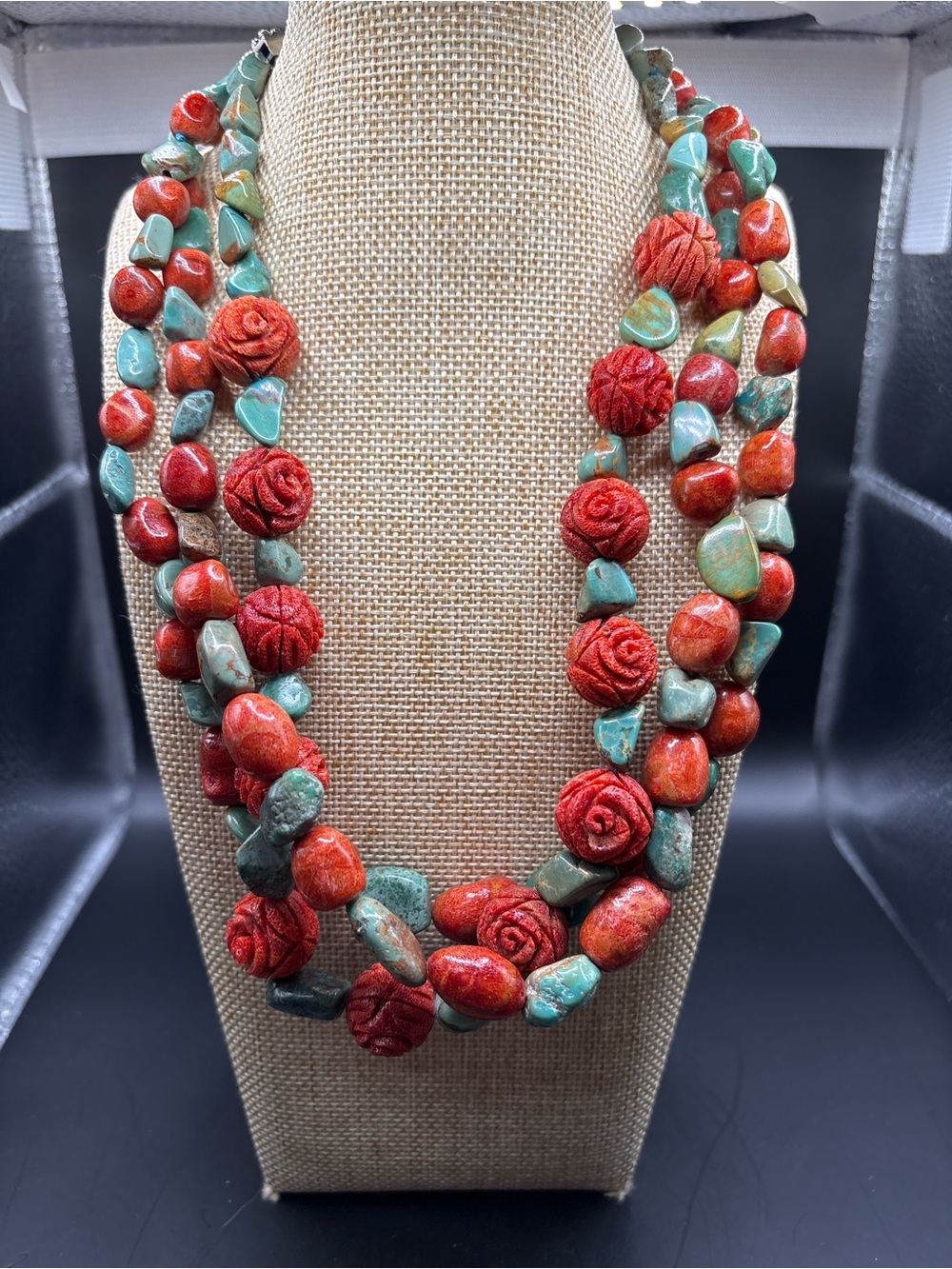 Multi Strand Coral Rose & Turquoise Bead Statement Necklace Boho Southwest